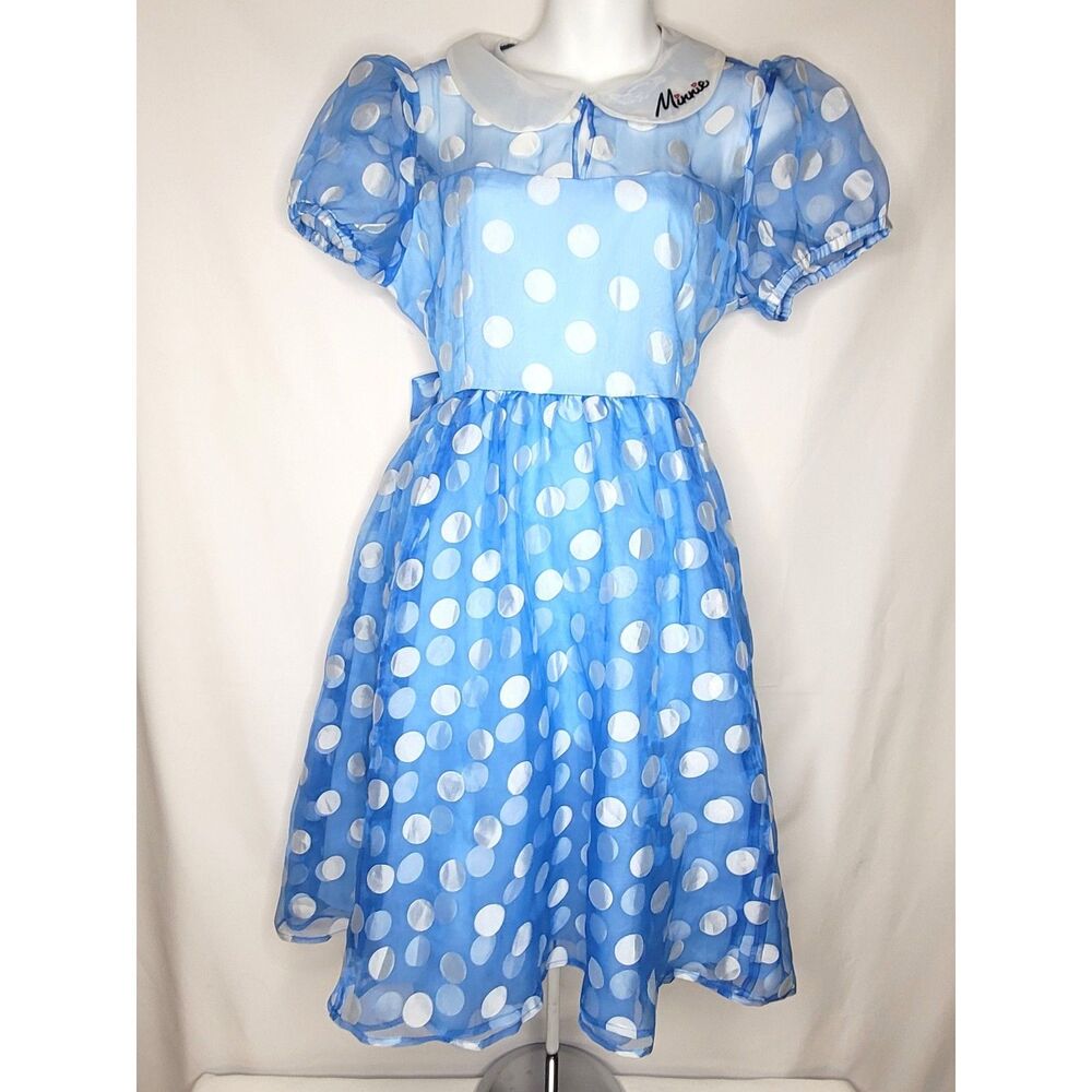 Minnie Mouse Disney Blue Polka Dot Sheer Puff Sleeve Dress